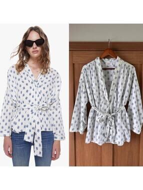 Xirena Melody Top in White & Navy Drops 100% Cotton Tie Waist Women’s Large